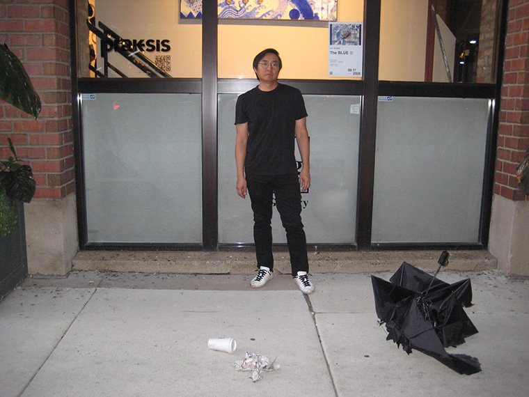 Artist Wonbin Yang with *Umbra infractus*, *Segnisiter continuus and Calicem volvens* exhibited at Prak-sis Gallery in Chicago, 2026 August and September.