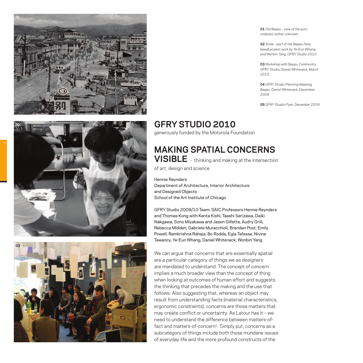 First page of Hennie Reynders’s article Making Spatial Concerns Visible, including a photograph of the collaborative work Smile by Ye-Eun Whang and Wonbin Yang.